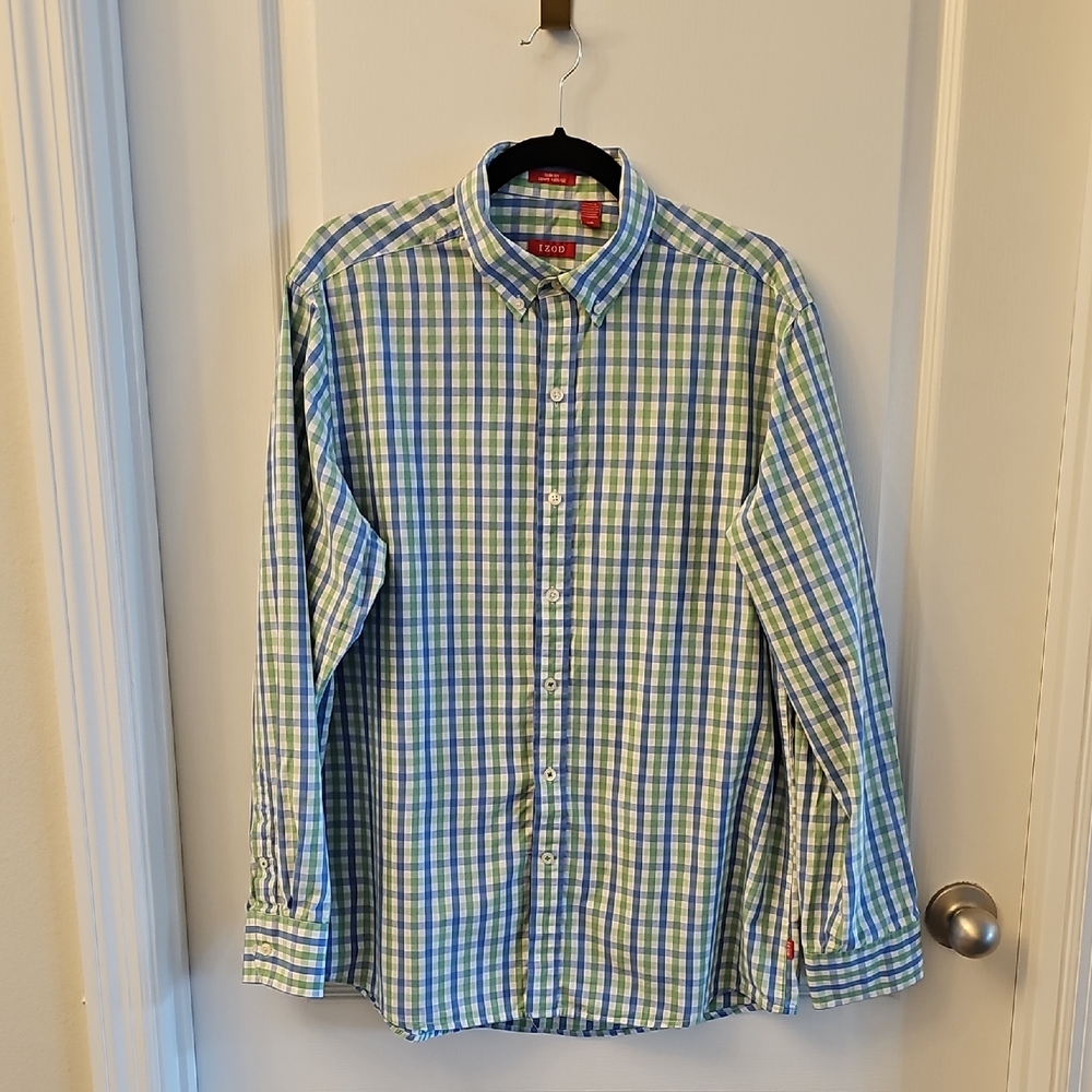 Izod Men's Blue and Green Plaid Button Down Shirt